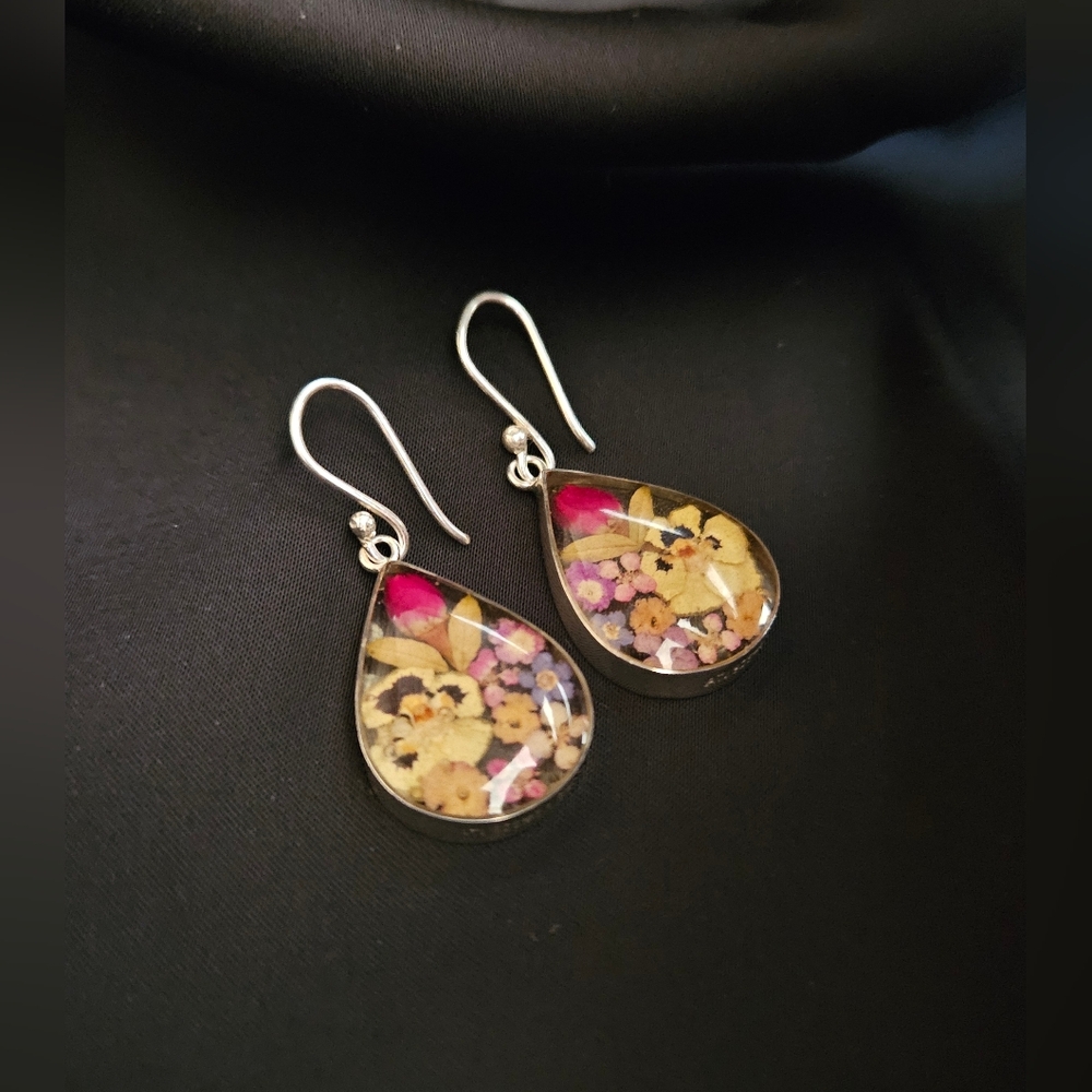 Sterling Silver ATI 925 Mexico Floral Teardrop Earrings